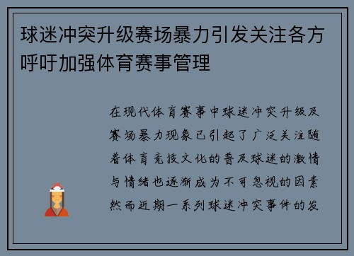 球迷冲突升级赛场暴力引发关注各方呼吁加强体育赛事管理